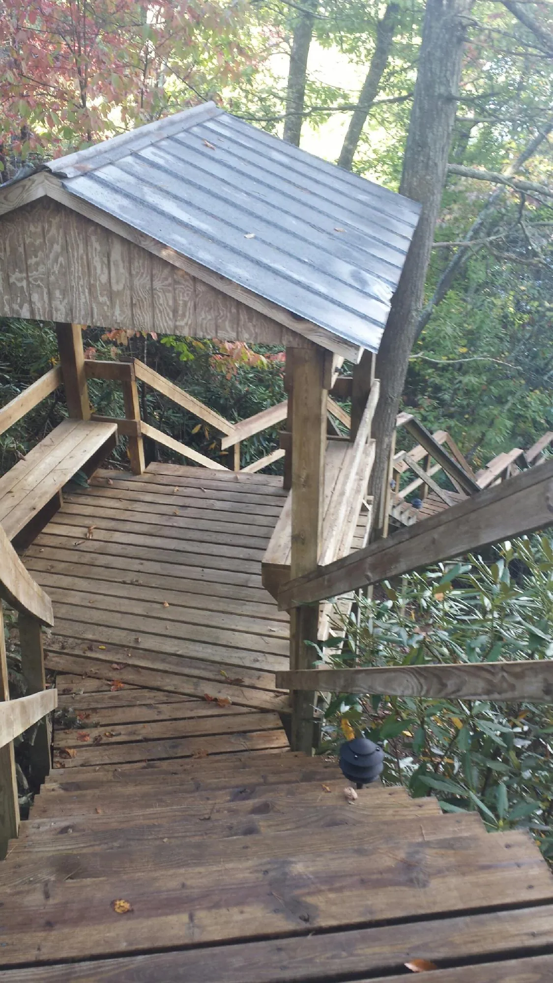 Metal roofed shelter over wooden steps on a wooded walkway — Skylight Repair & Installation work by our crew in Dillon